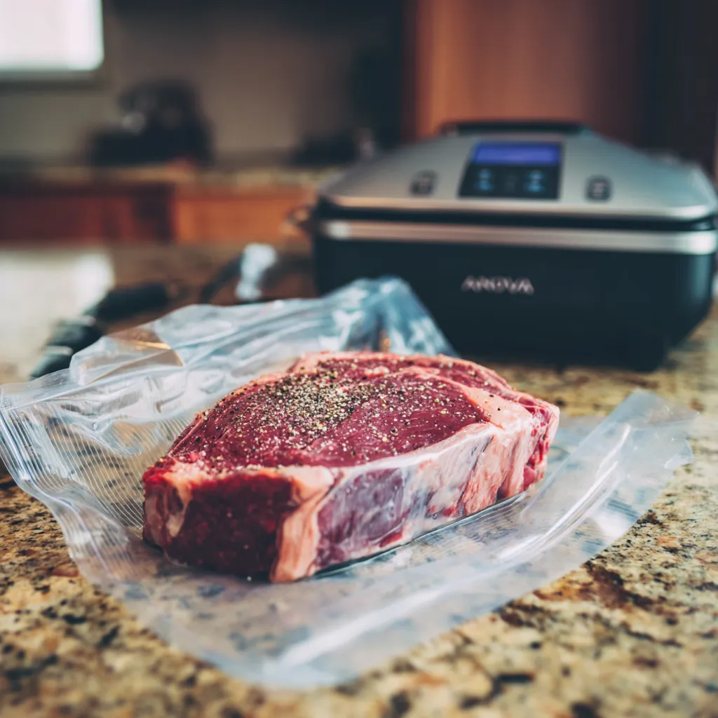 Butter Basted Sous Vide Steak | 5-Step Perfect Finish Guide 8 Ribeye steak vacuum-sealed for sous vide