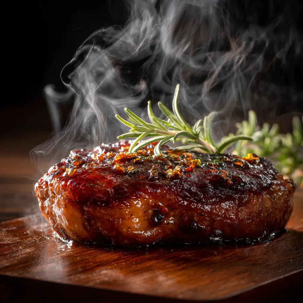 Sous vide syrup steak with caramelized glaze served on a plate