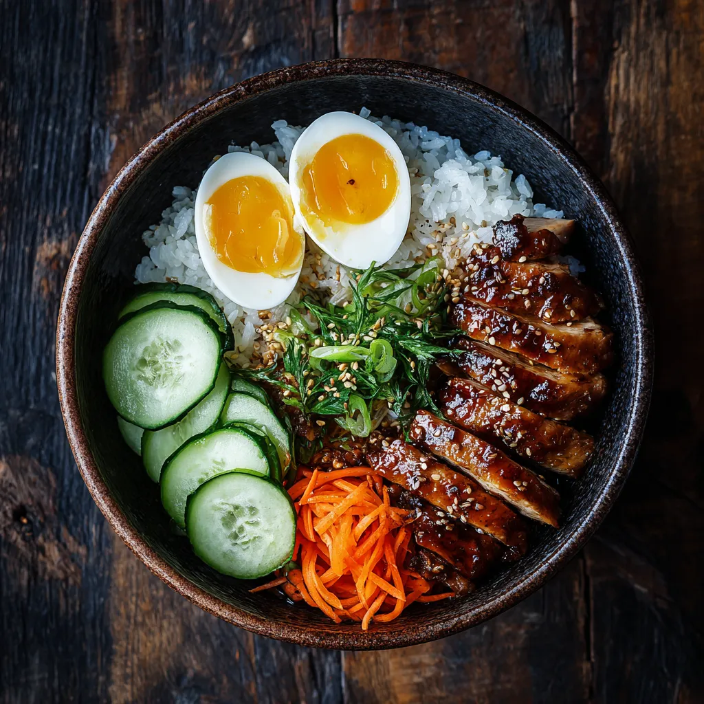 Sous vide teriyaki chicken bowl with egg, rice, and pickles