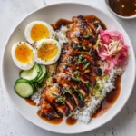 Recipe card visual of sous vide teriyaki chicken with sides