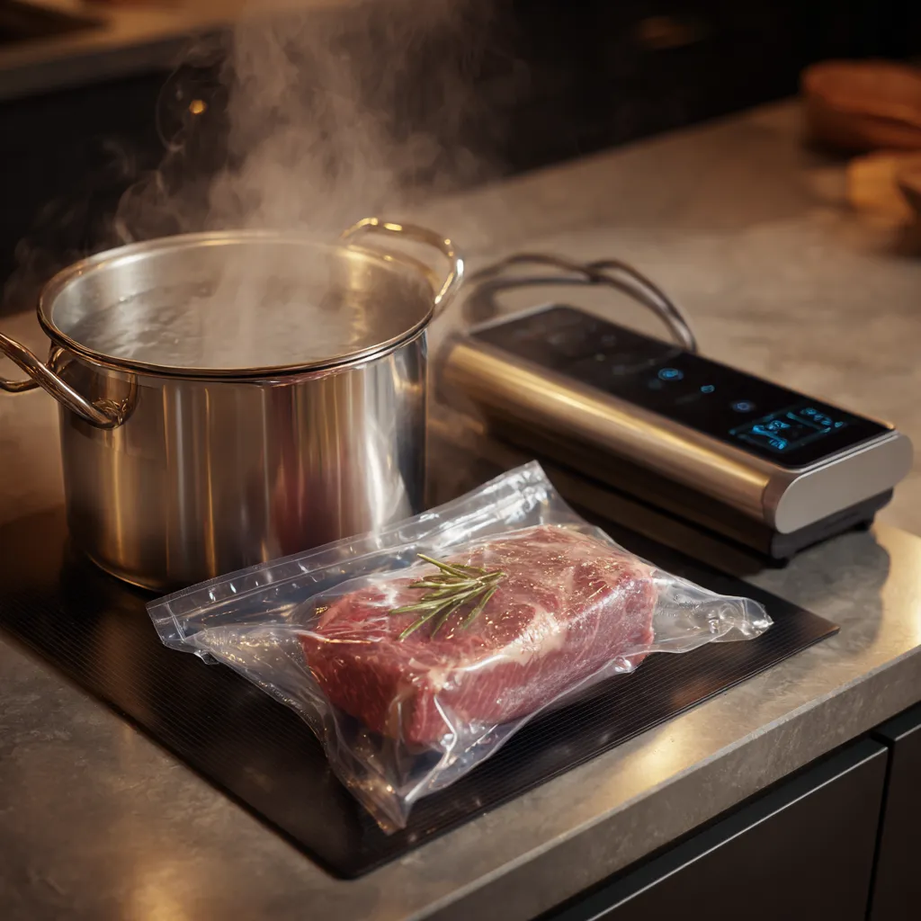 Steak cooking in sous vide water bath