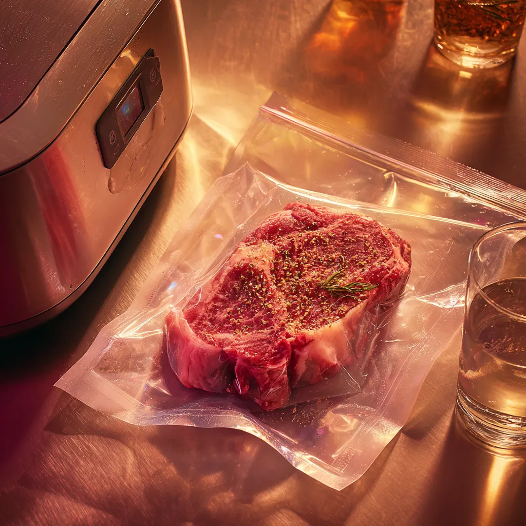 Vacuum-sealed steak prepared for sous vide