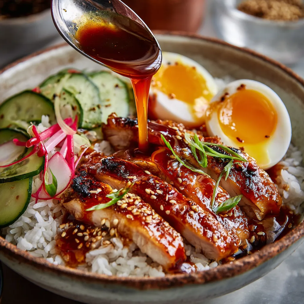 Plated sous vide teriyaki chicken with glaze, rice, and egg