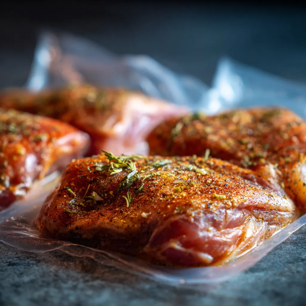 Sealed frozen chicken thighs before sous vide