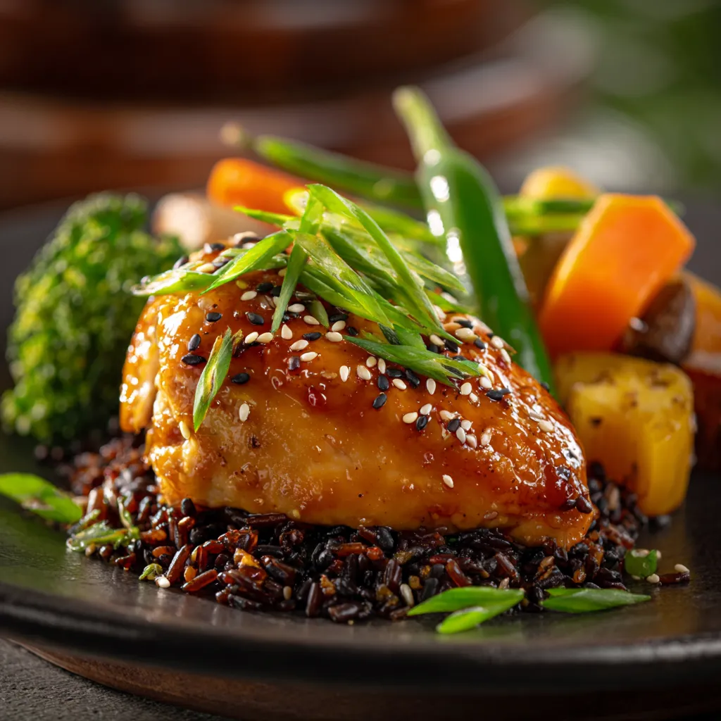 plated sous vide chicken with glaze and sides
