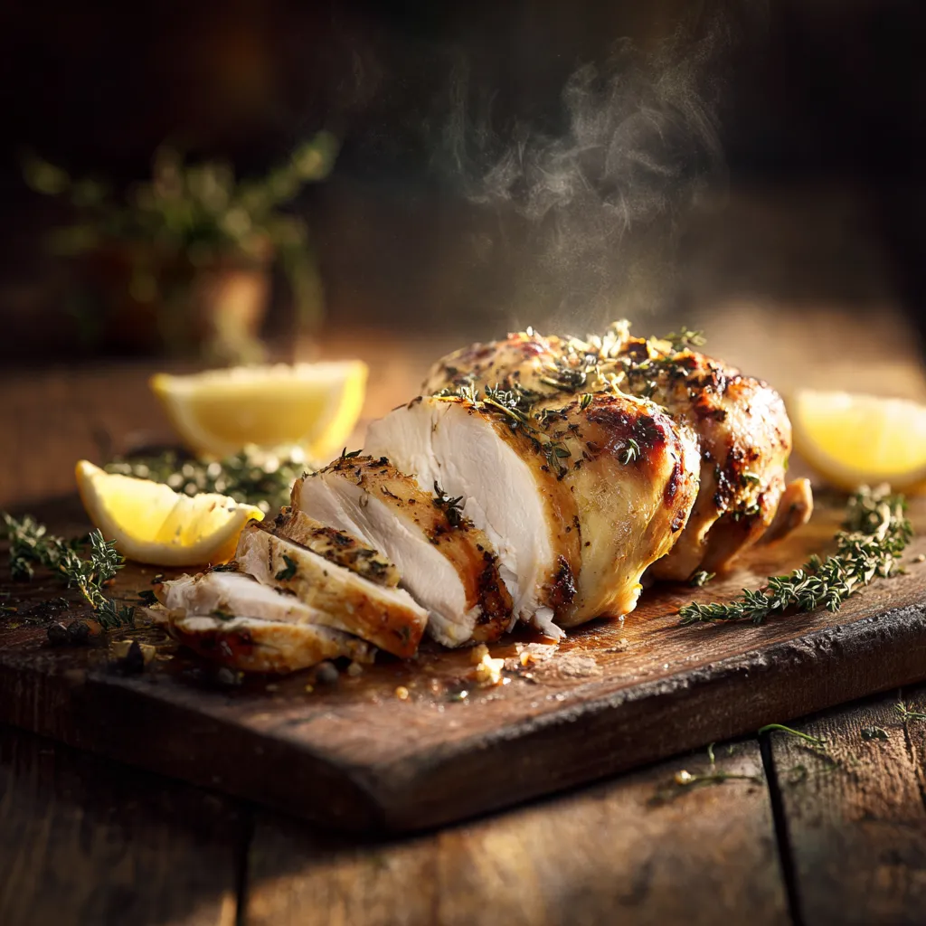 Whole sous vide chicken with crispy skin and lemon thyme garnish