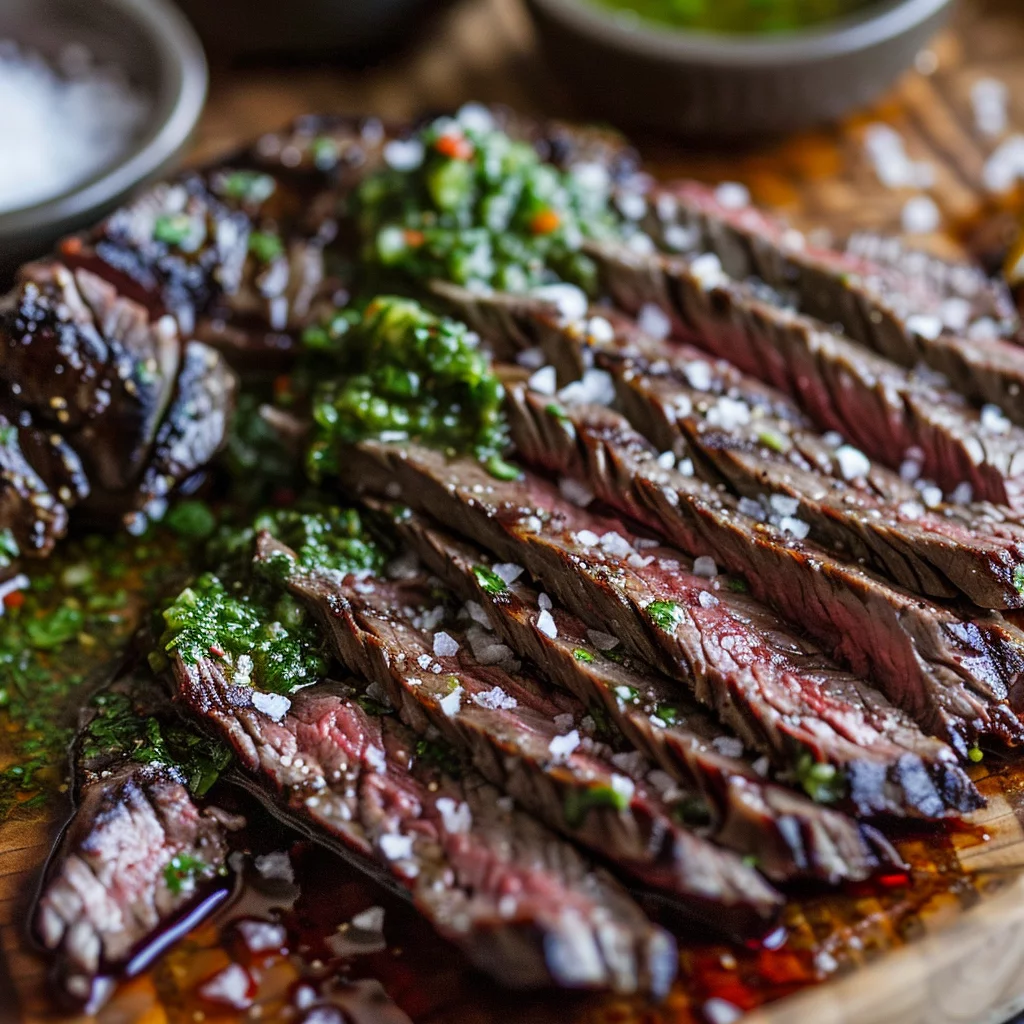 sous vide flank steak and chimichurri serving