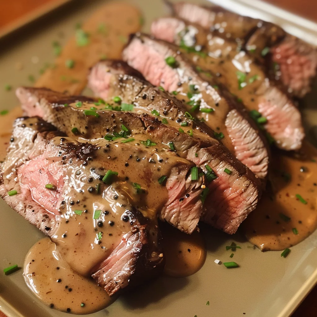 sous vide flank steak with creamy peppercorn sauce serving