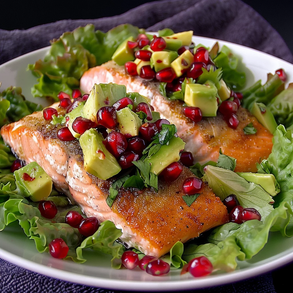 sous vide pomegranate avocado salmon serving