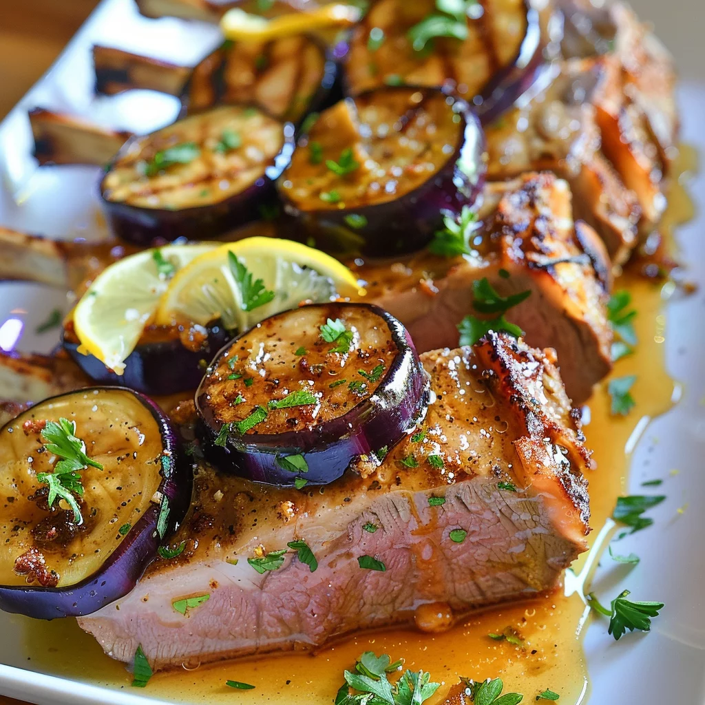sous vide rack of lamb with seared eggplant serving