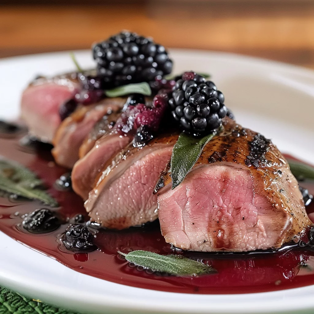 sous vide duck breast with blackberry sage sauce serving
