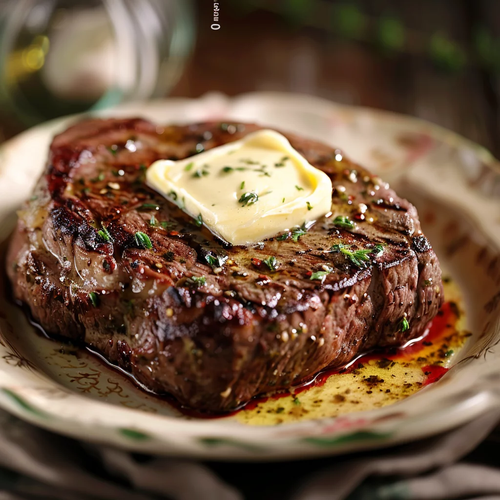 sous vide ribeye steak with garlic herb butter serving