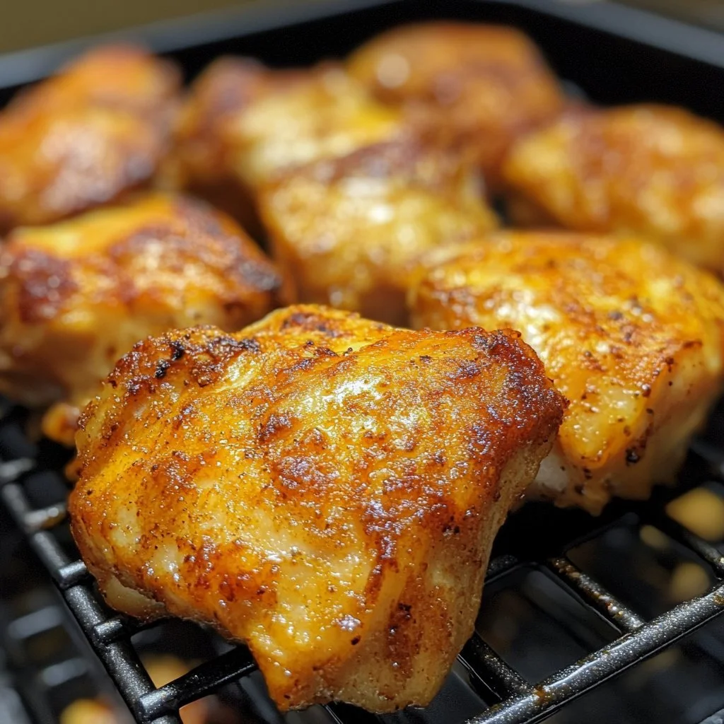 Juicy air fryer boneless skinless chicken thighs cooked to perfection.