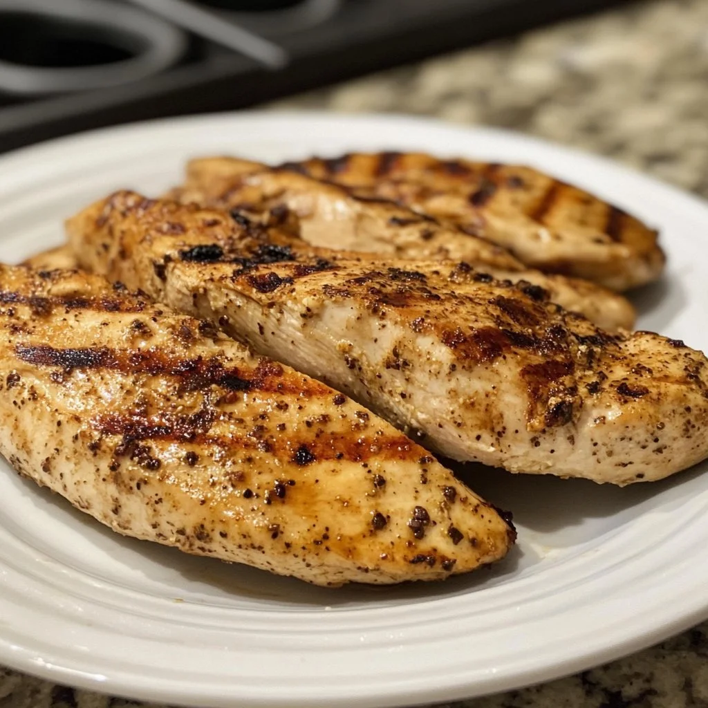 Juicy air fryer grilled chicken breasts garnished with herbs on a plate