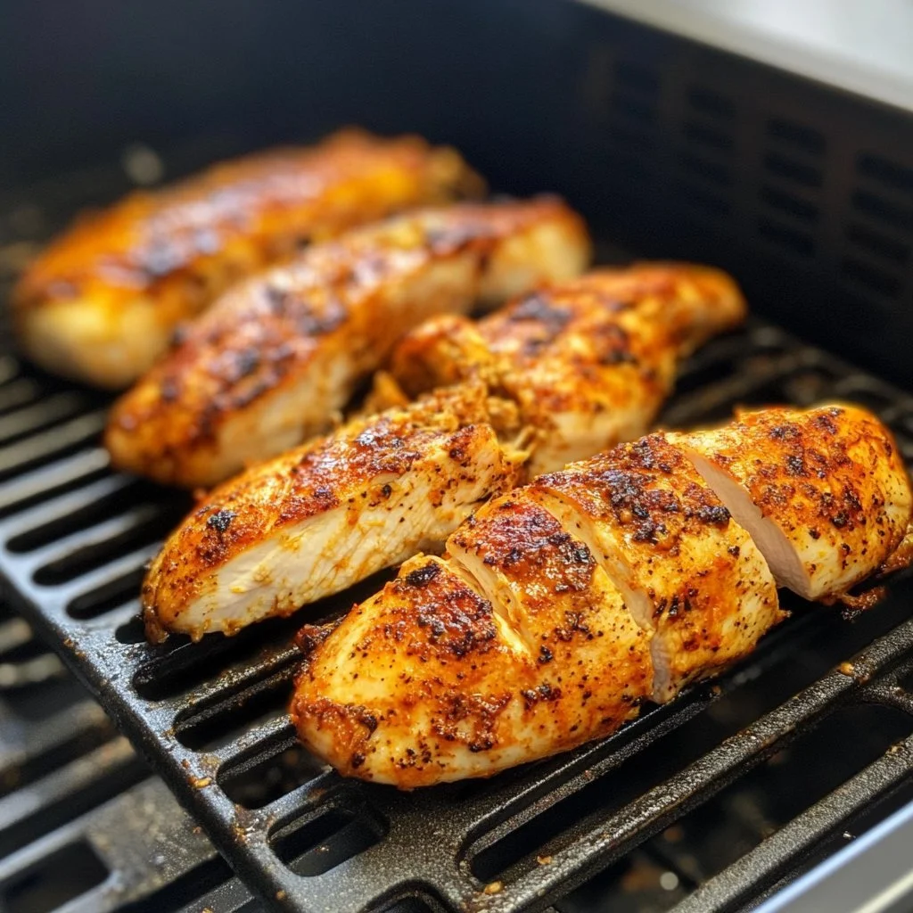 Delicious air fryer grilled chicken breasts on a plate with herbs and spices