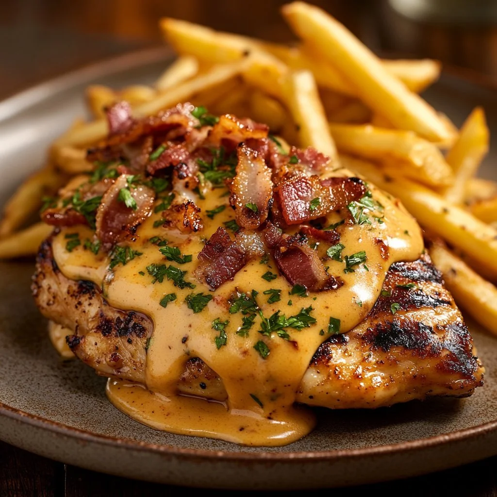 Delicious Alice Springs Chicken garnished with honey mustard and fresh herbs