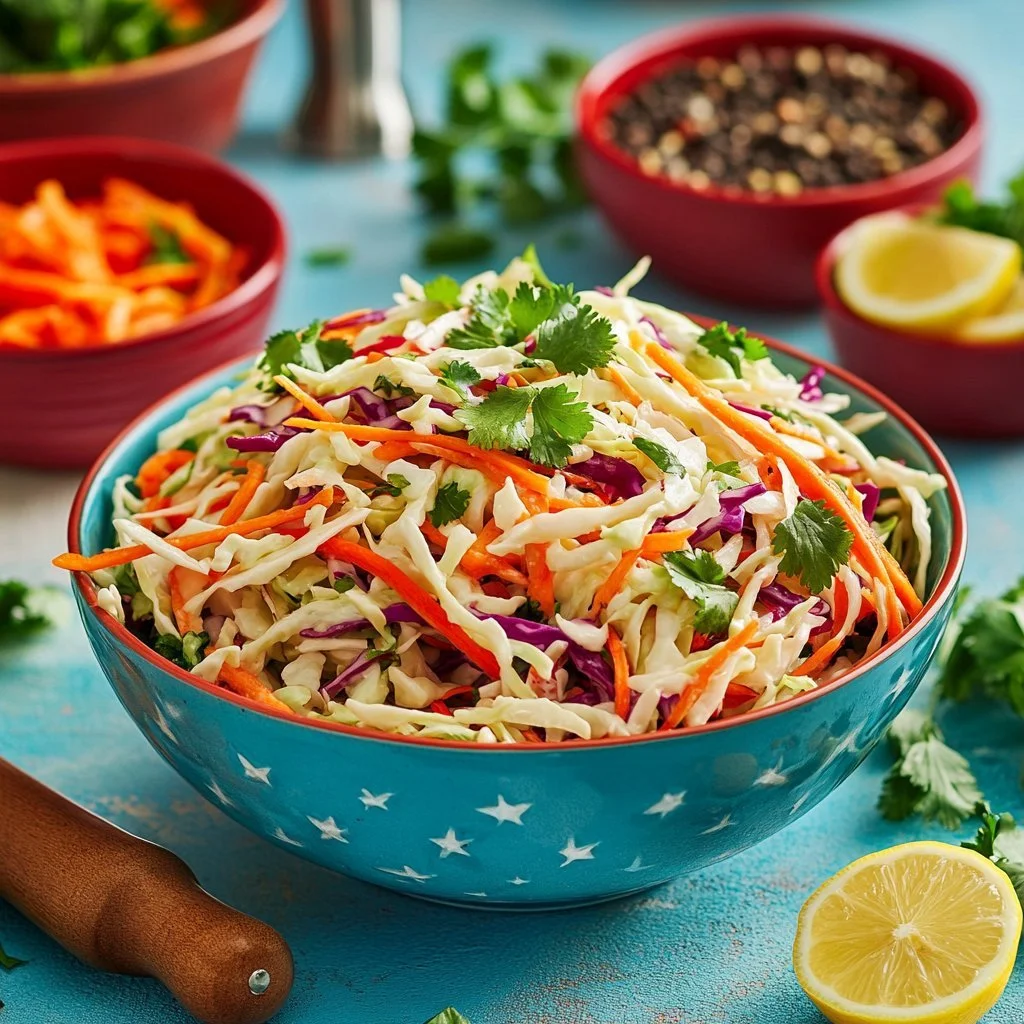 Bowl of classic American coleslaw with shredded cabbage and carrots