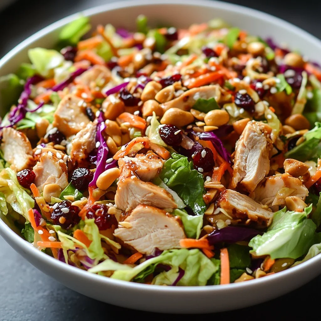 Bowl of Asian Chicken Salad with cranberries and vibrant vegetables