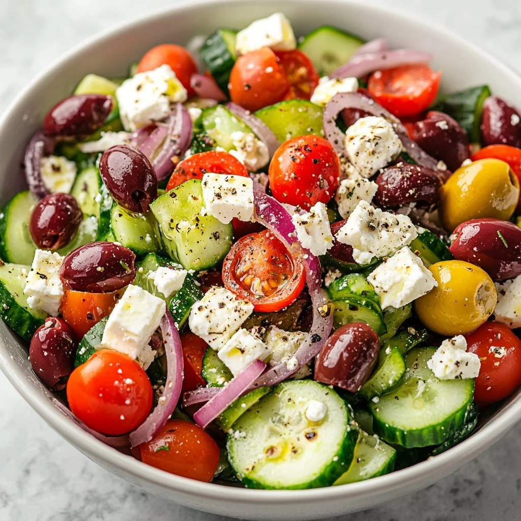 Delicious Greek salad with fresh vegetables, feta cheese, and olives.
