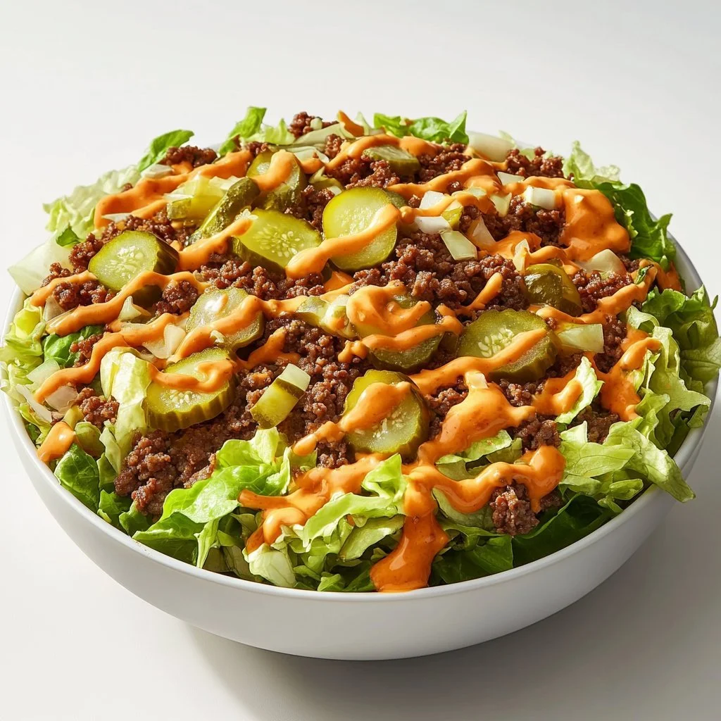 Big Mac Salad featuring lettuce, beef, cheese, pickles, and special sauce in a bowl