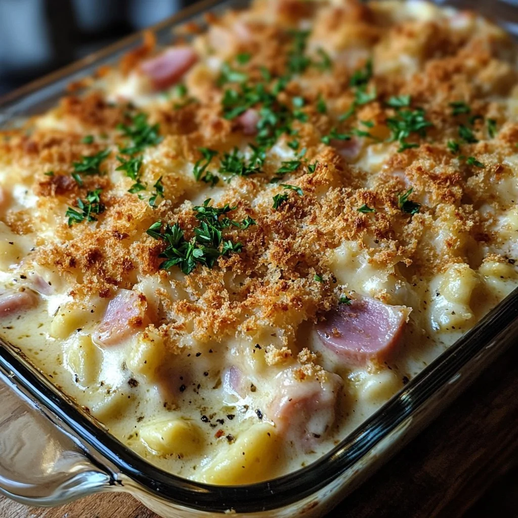 Delicious Chicken Cordon Bleu Casserole with chicken, ham, and melted cheese