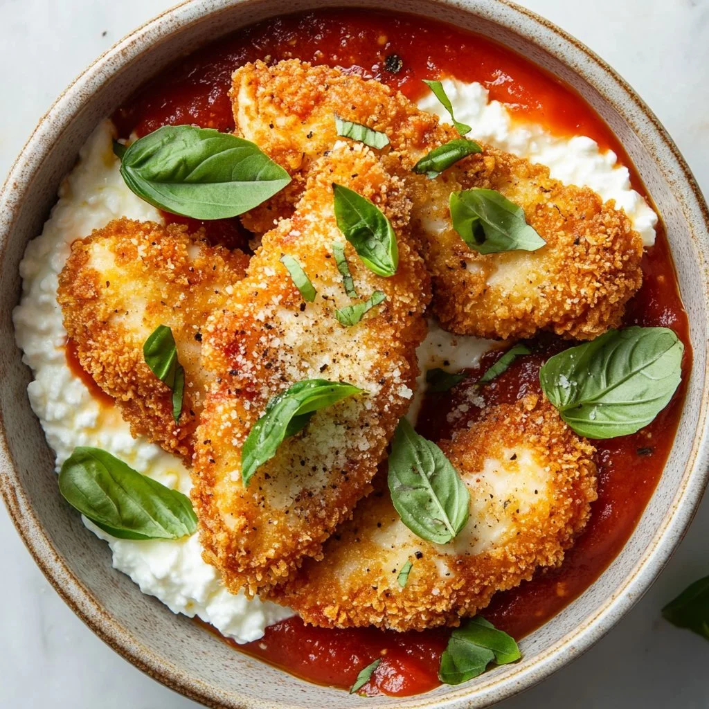 Delicious Chicken Parmesan Cottage Cheese Bowl topped with fresh herbs