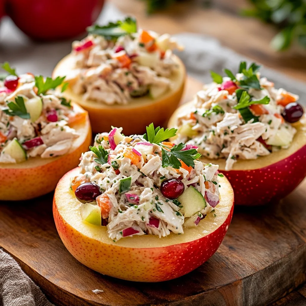 Delicious chicken salad with apples garnished with fresh herbs
