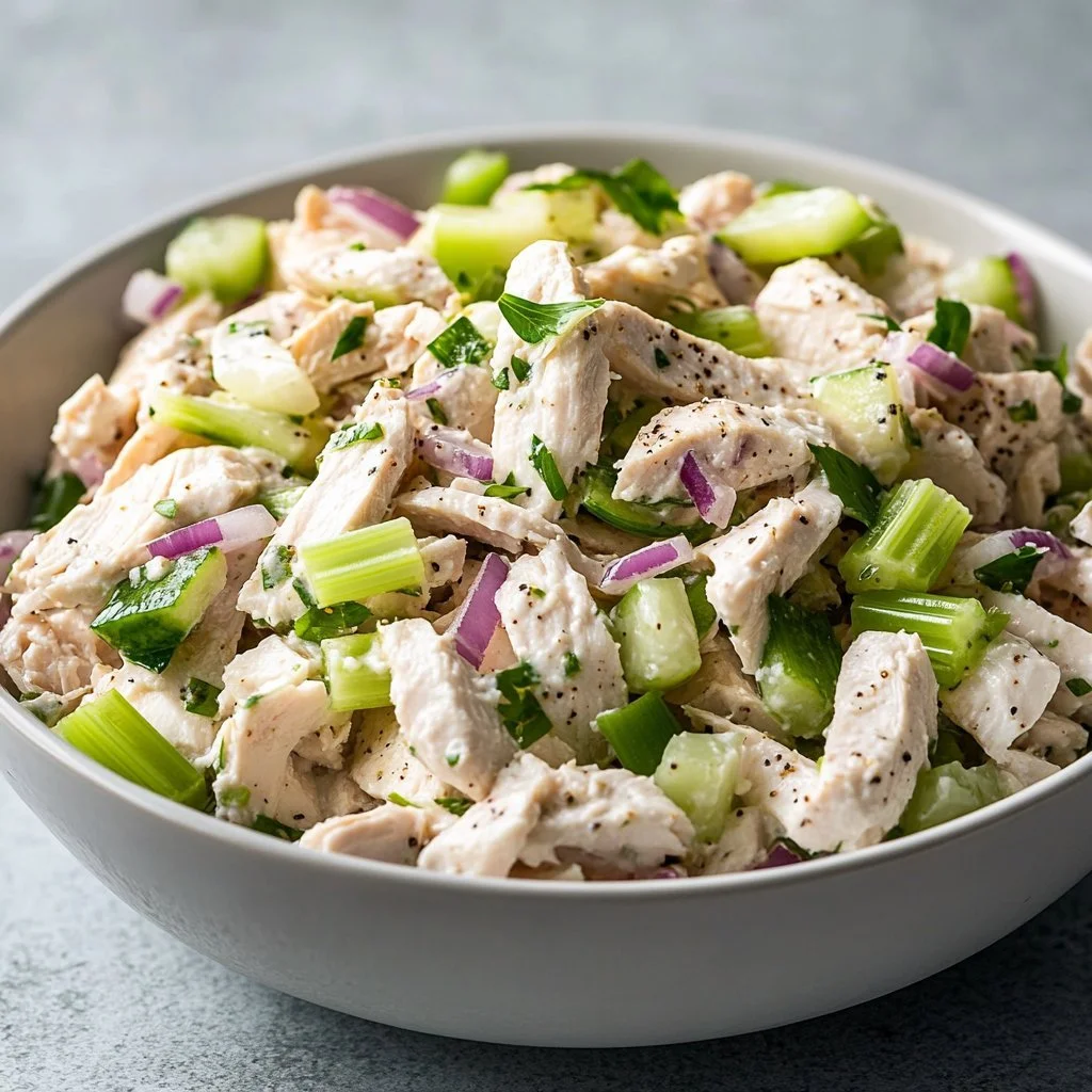Classic chicken salad with fresh ingredients, served in a bowl