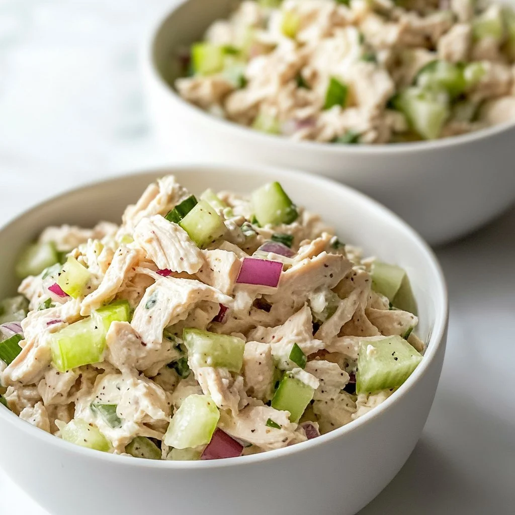 Classic chicken salad with creamy dressing and crunchy celery served in a bowl