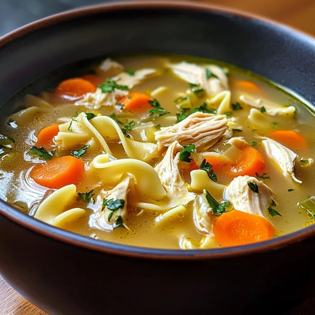 Bowl of creamy chicken noodle soup with vegetables and herbs