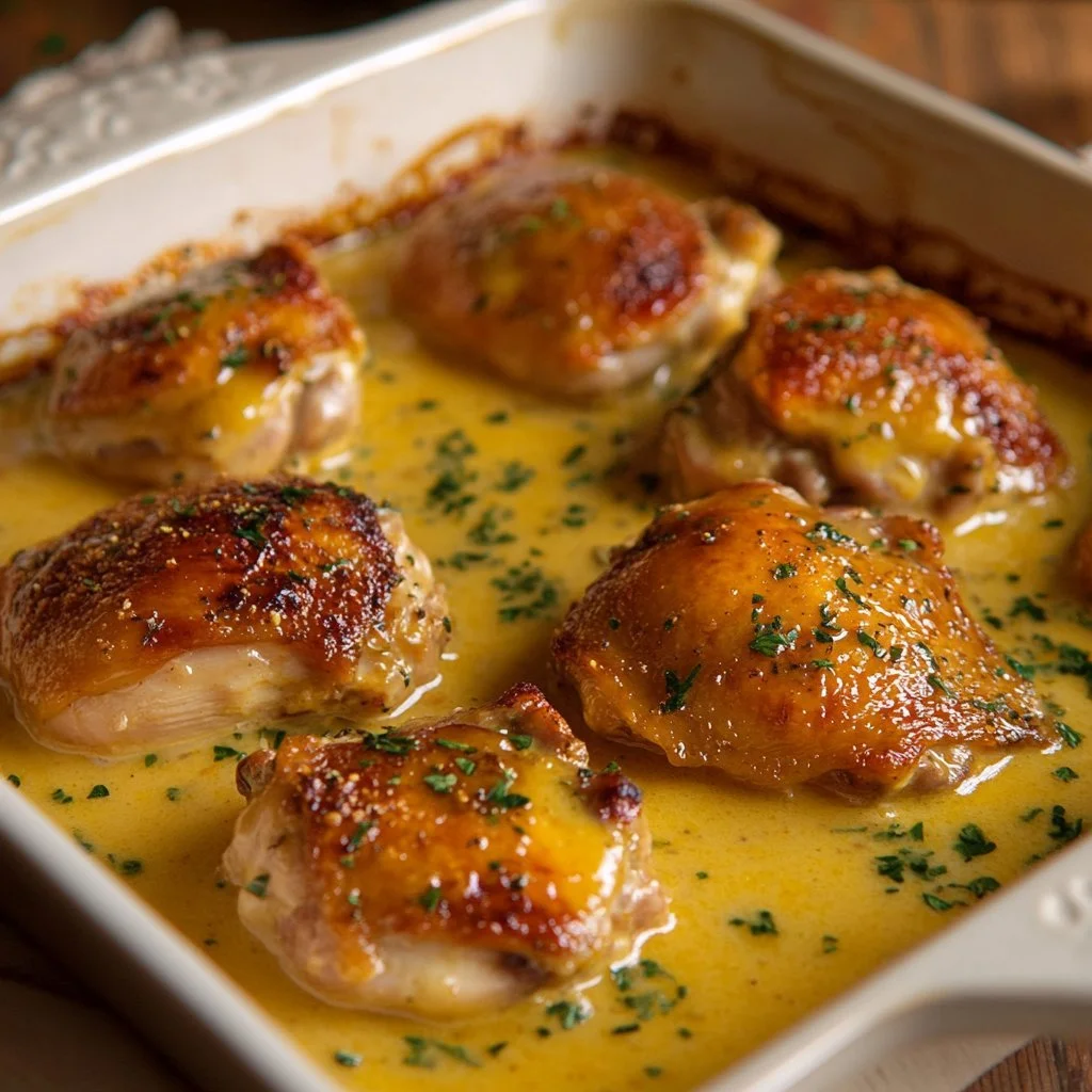 Creamy oven baked chicken thighs with herbs and spices, served on a plate.
