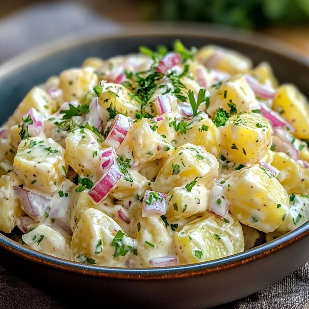 Bowl of creamy potato salad with herbs and vegetables