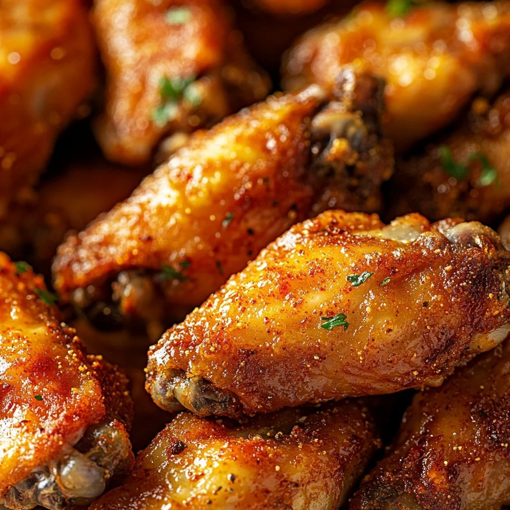 Crispy baked chicken wings on a platter with dipping sauce.