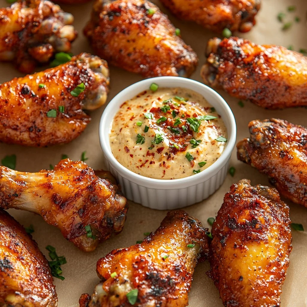 Crispy baked chicken wings served with dipping sauce on a plate.