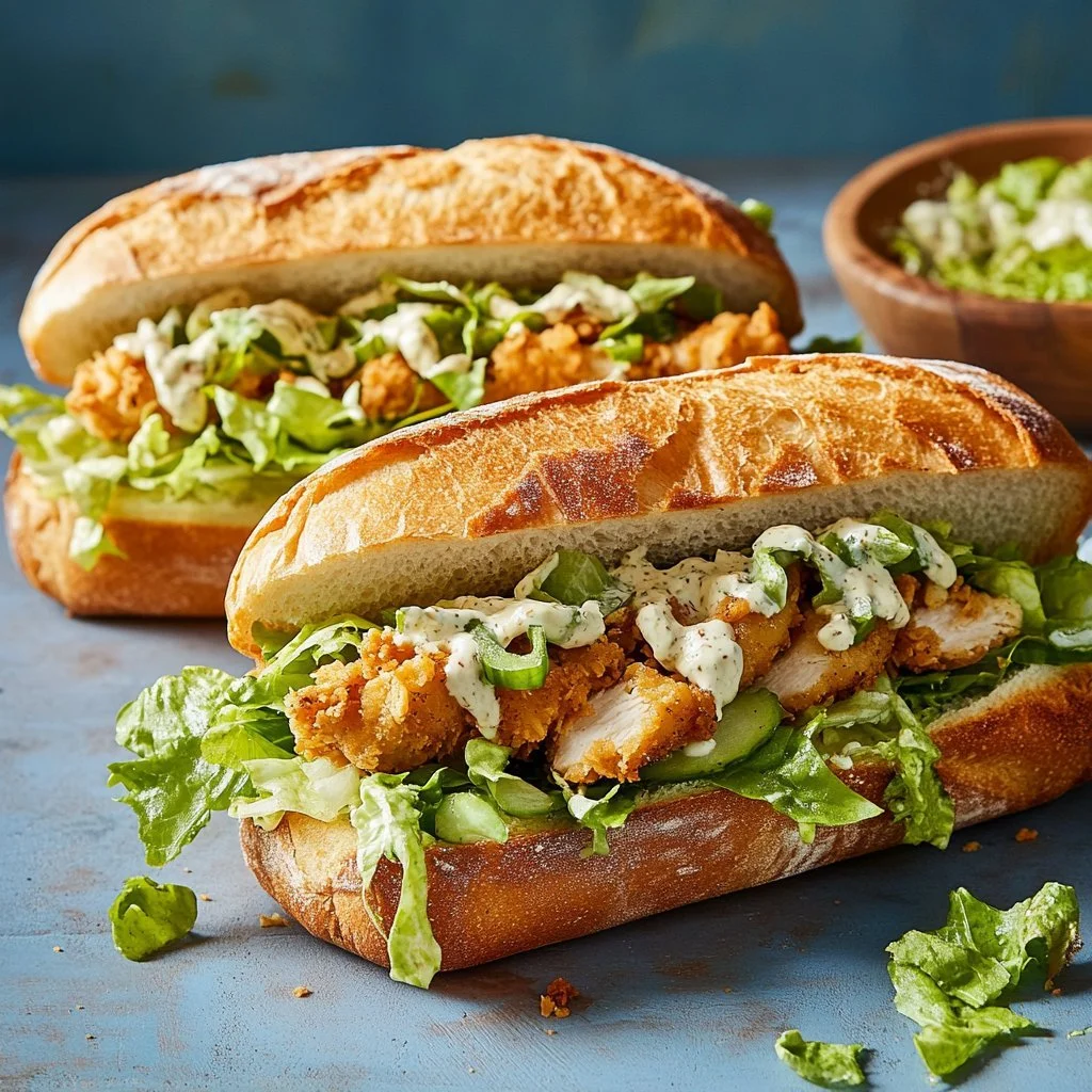 Crispy Chicken Caesar Sandwich with lettuce and dressing in a toasted bun.