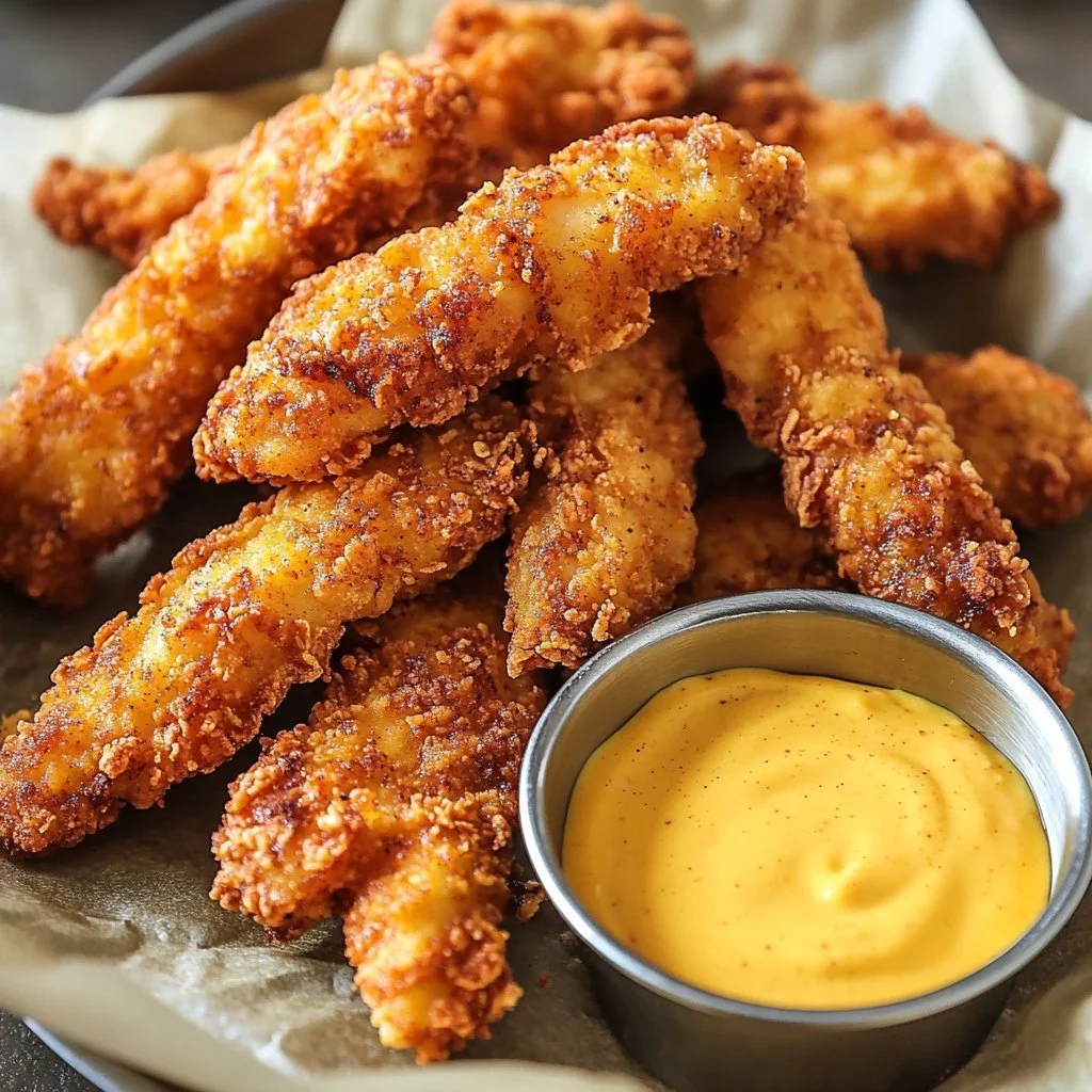 Delicious crispy chicken tenders served with dipping sauce