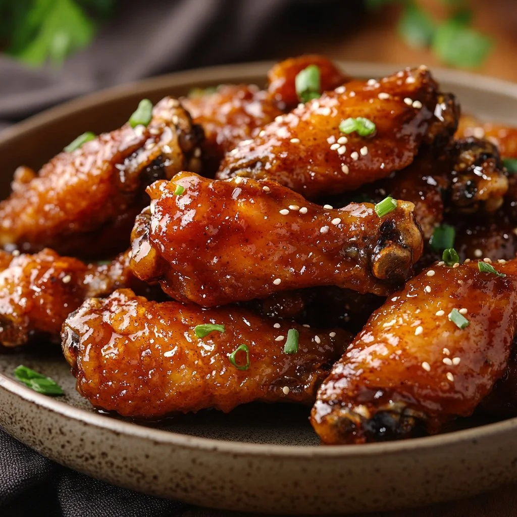 Plate of crispy dry rub chicken wings garnished with herbs.