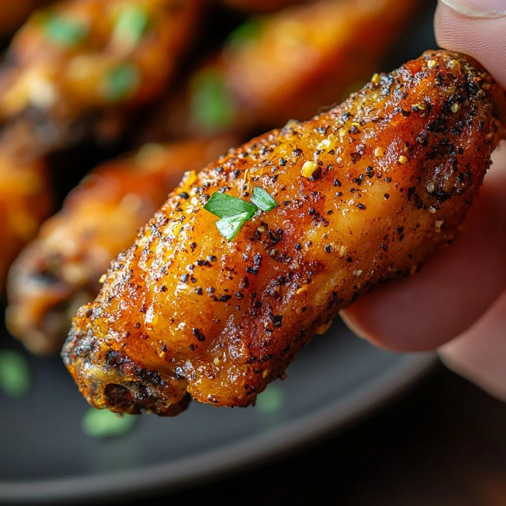 Crispy lemon pepper chicken wings garnished with fresh herbs