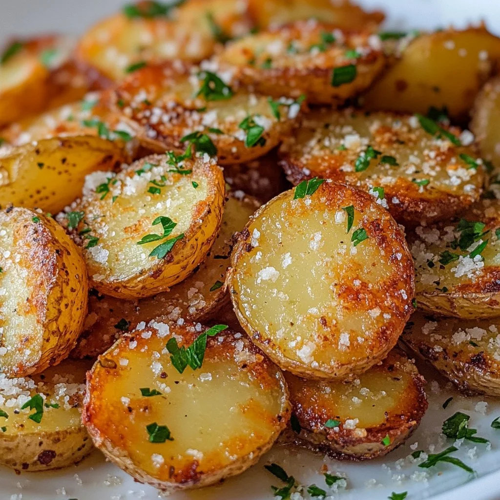 Crispy Parmesan potatoes served on a plate, garnished with herbs.
