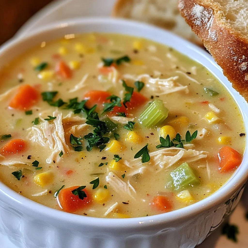Bowl of Crockpot chicken corn chowder with fresh corn and herbs