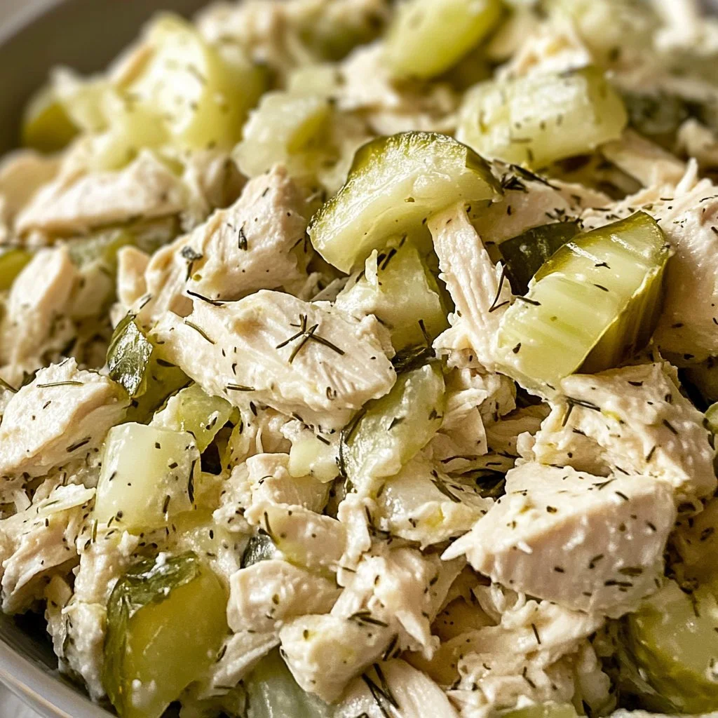 Dill Pickle Chicken Salad served in a bowl with fresh herbs