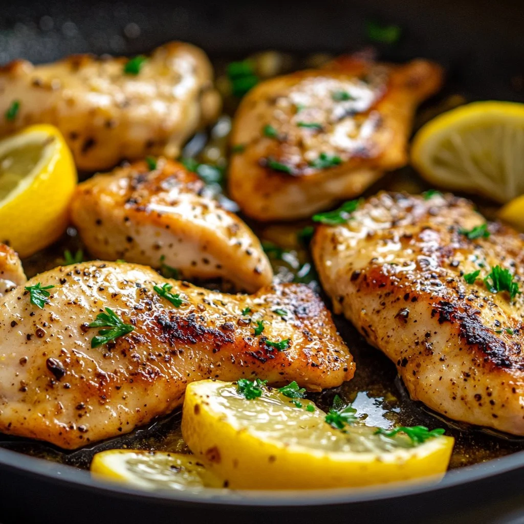 Juicy lemon chicken served with fresh herbs and lemon slices on a plate