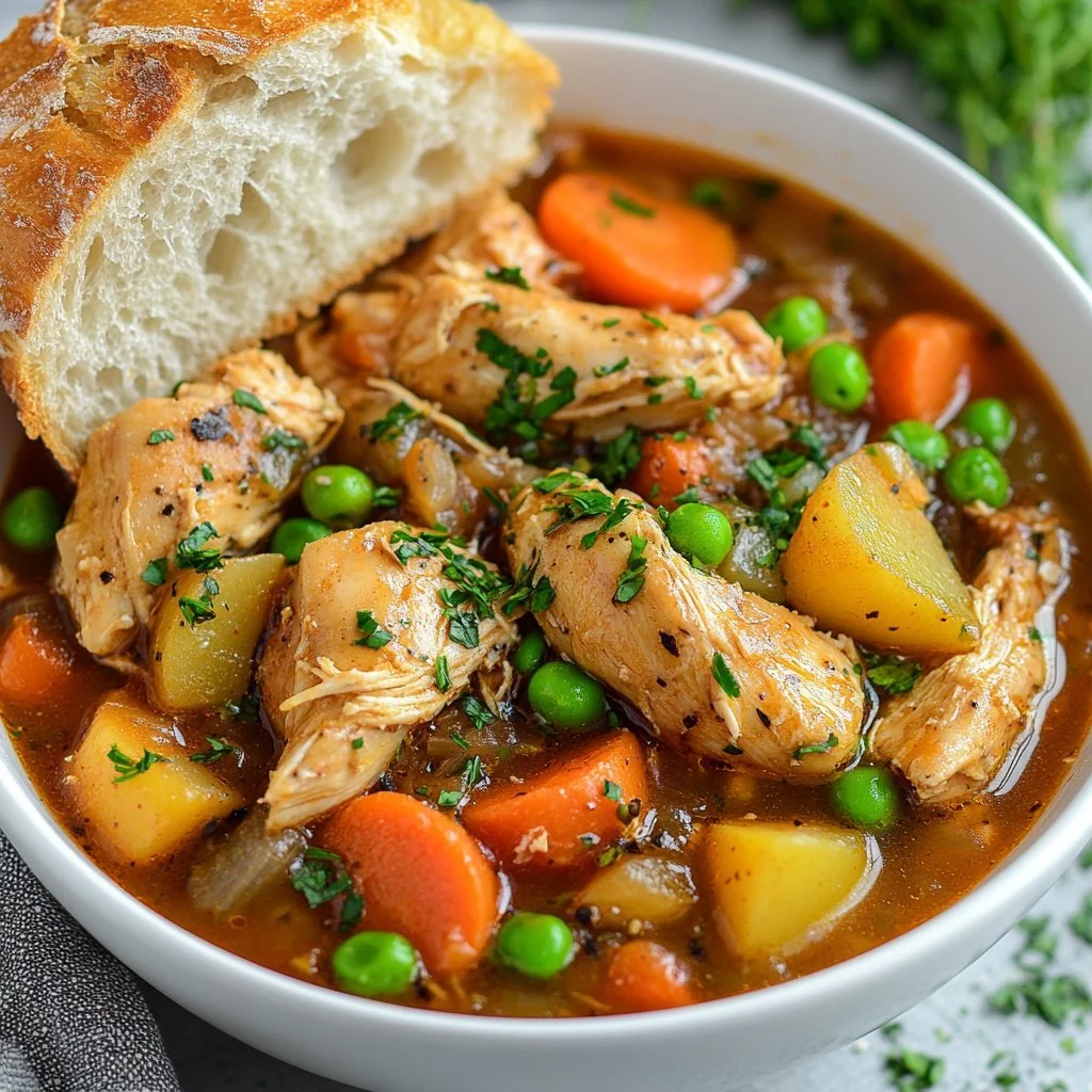 Bowl of easy slow cooker chicken stew with vegetables and herbs