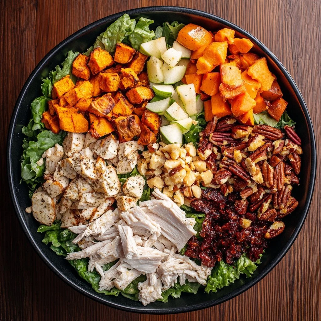 A colorful bowl of Fall Harvest Salad with seasonal vegetables and toppings.