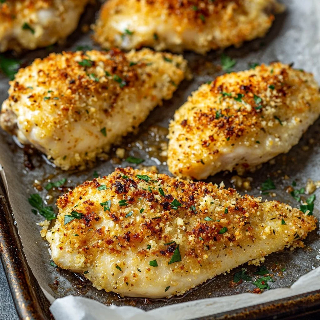 Delicious Garlic Parmesan Crusted Chicken served on a plate
