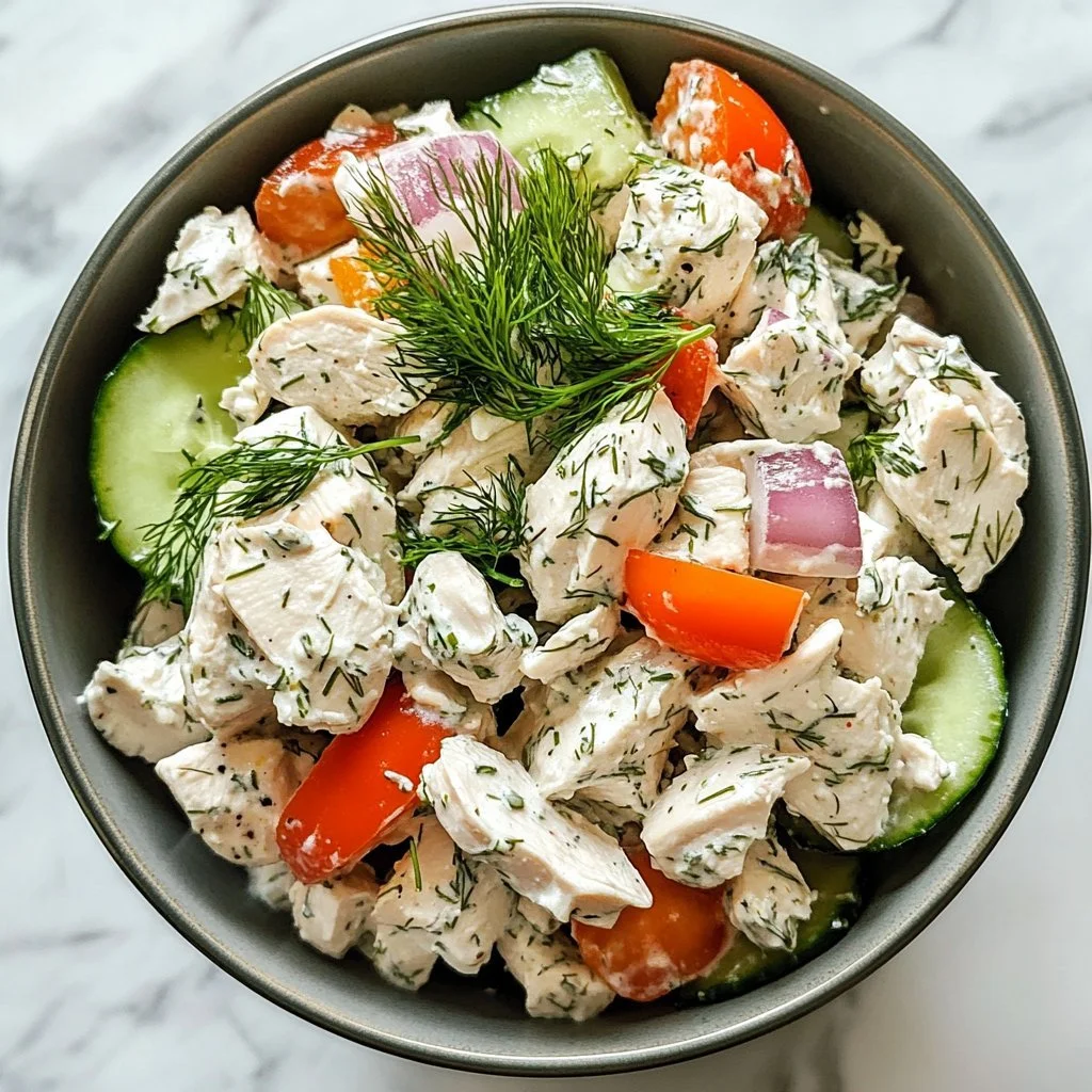 Healthy dill chicken salad with fresh ingredients in a bowl