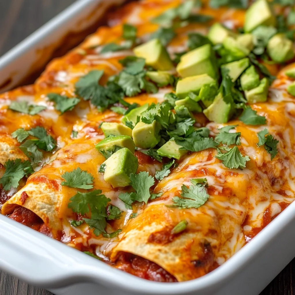 Plate of healthy low calorie chicken enchiladas topped with salsa and avocado