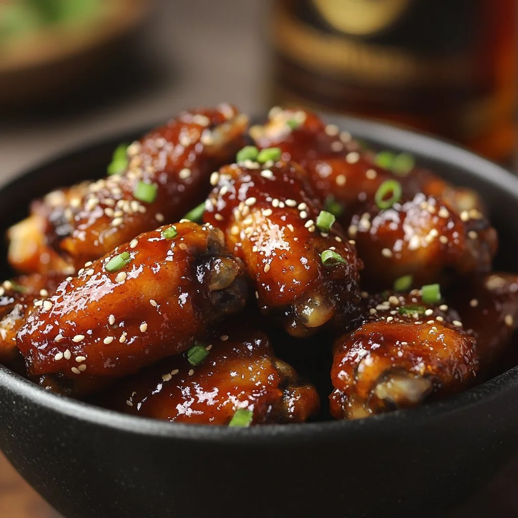 Plate of succulent Hennessy Chicken Wings garnished with herbs