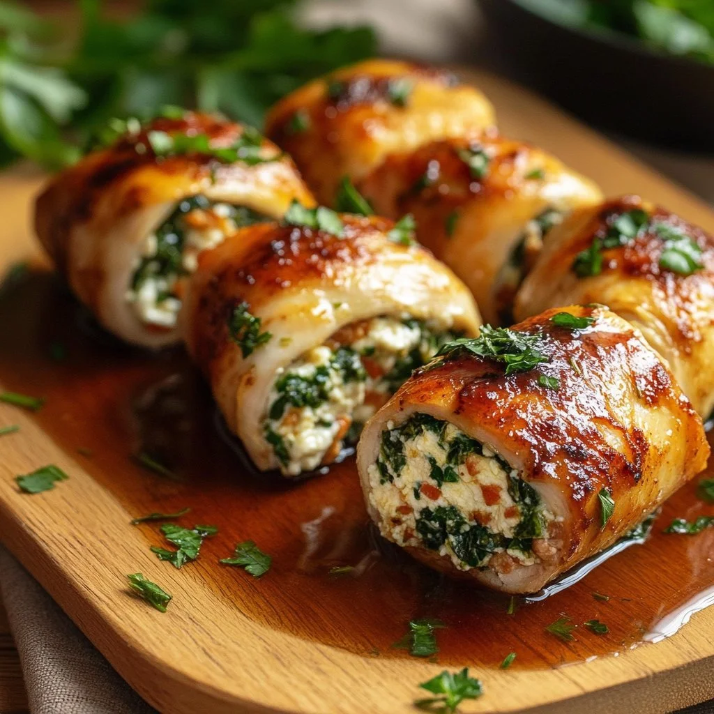 Herbed ricotta stuffed chicken rolls garnished with fresh herbs