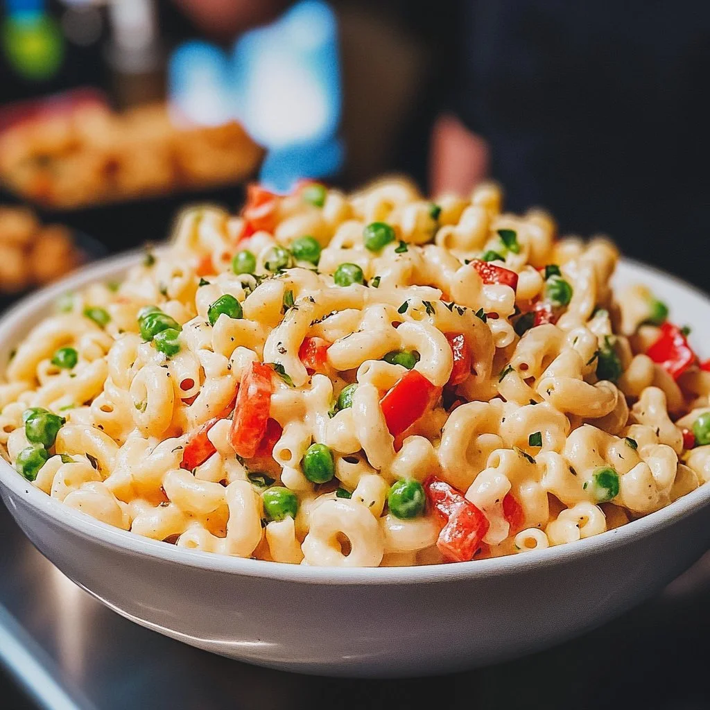 Bowl of colorful macaroni salad with vegetables, ideal for summer picnics